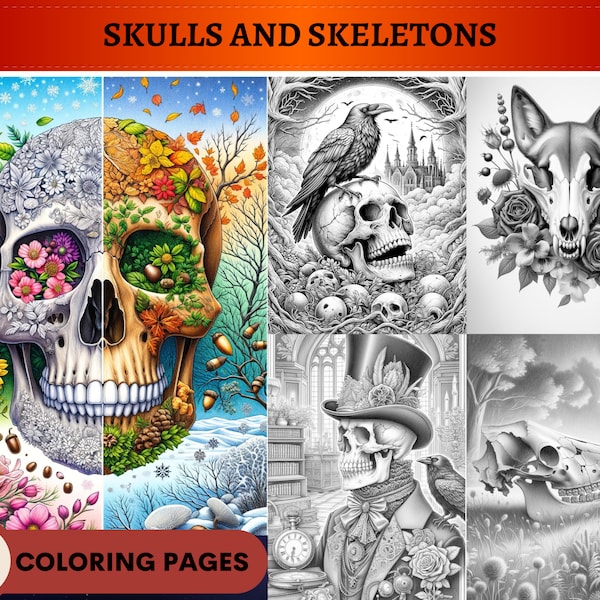 50 Skull and Skeletons Grayscale Coloring Pages | Printable Adult Coloring Pages | Download Grayscale | Instant PDF
