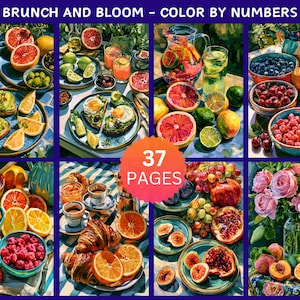 May include: A colorful illustration titled "Brunch and Bloom - Color by Numbers" featuring various brunch items. The image includes plates of food, drinks, and fresh fruit, such as oranges, grapefruit, and berries. The image also includes the text "37 PAGES".