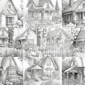 43 Cottage Gardens Coloring Book Set 1 | Printable Adult Coloring Pages | Download Grayscale Illustration | Printable PDF file