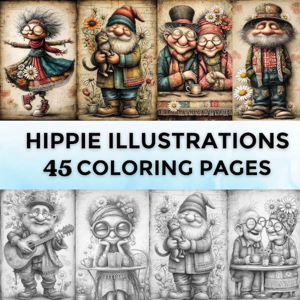 45 Hippie Illustrations Grayscale Coloring Pages | Whimsical Vintage Characters Peace Love Art Digital Download PDF