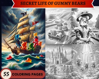 55 Secret Life of Gummy Bears Grayscale Coloring Pages  | Printable Adult Coloring Pages | Download Grayscale | Instant PDF