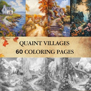 60 Quaint Villages Grayscale Coloring Pages | Vintage Fall Spring Summer Houses Landscape Coloring Book | Instant Download PDF