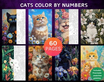 60 páginas para colorear de gatos por números, páginas para colorear digitales, paquete de pintura por números, libro para colorear para adultos de Procreate