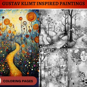 44 door Klimt geïnspireerde schilderijen | Grijstinten kleurplaten | Afdrukbare kleurplaten voor volwassenen | Download grijswaardenillustratie | Afdrukbare PDF