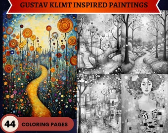 44 peintures inspirées de Klimt | Pages à colorier en niveaux de gris | Pages de coloriage imprimables pour enfants adultes | Télécharger l’illustration en niveaux de gris| PDF imprimable