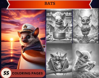 55 Páginas para colorear de murciélagos en escala de grises / Páginas para colorear imprimibles para niños adultos / Descargar escala de grises / Animales lindos