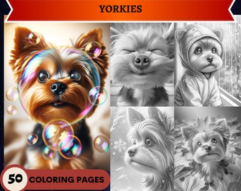 50 páginas para colorear en escala de grises de Yorkies / Cachorros de perros / Páginas para colorear para adultos imprimibles / Descargar ilustración en escala de grises