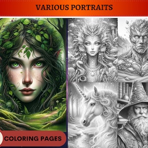 50 Various Portraits Grayscale Coloring Pages | Printable Adult Coloring Pages | Download Grayscale | Fantasy | Fairies | History | Unicorns
