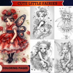 30 Cute Little Fairies Set 1 Coloring Pages | Printable Adult Coloring Pages | Download Grayscale Illustration| Fairy Coloring Pages|Fantasy