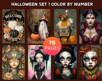 79 Halloween-Malen-nach-Zahlen-Seiten | Gruselig-süßes digitales Malbuch für Erwachsene | Malen nach Zahlen (PDF & PNG-Bundle) | Procreate-kompatibel