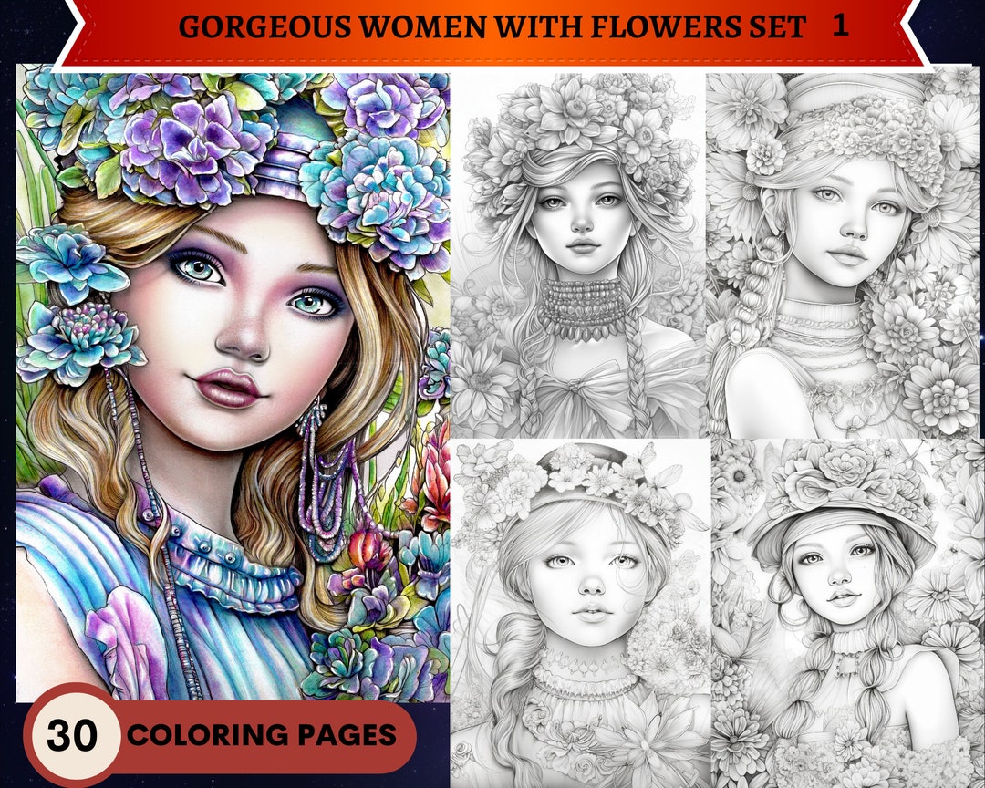 30 Gorgeous Women With Flowers Set 1 Coloring Pages Printable Adult ...