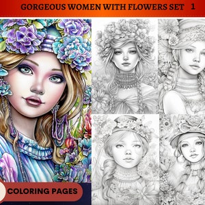 30 magnifiques femmes avec des fleurs, lot 1 pages à colorier | Coloriages pour adultes à imprimer | Télécharger l&#39;illustration en niveaux de gris | PDF imprimable