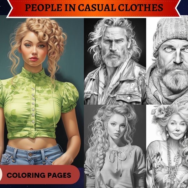 50 People in Casual Clothes Portraits Grayscale Coloring Pages | Men Women Young Old | Adult Coloring Pages |Printable PDF| Instant Download