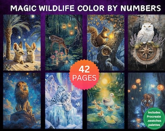 42 Color by Number Pages, Digital Coloring Pages, Paint by Numbers Bundle, Procreate Adults Coloring Book, Magic Wildlife Whole Bundle