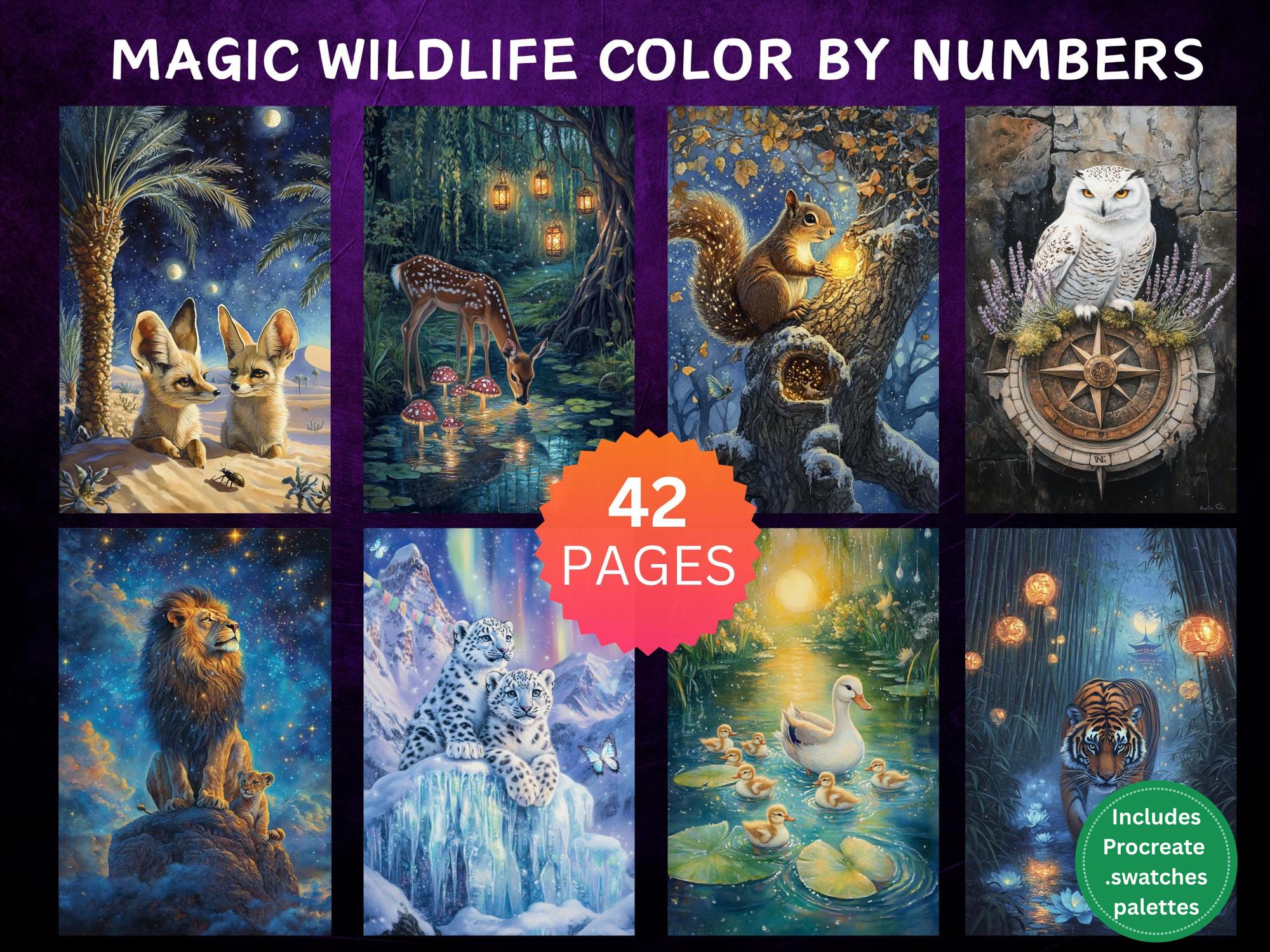 Paquete de 42 páginas de vida salvaje mágica por números | Hojas de colorear digitales para adultos | Procreate e imprimibles