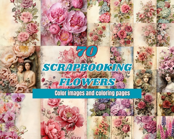 70 Scrapbooking Flowers Color Images & Grayscale Coloring Pages | Ephemera | Gothic Junk Journal Kit | Printable PDF | Instant Download