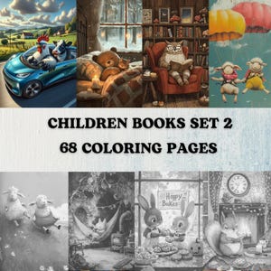 68 livres pour enfants, 2 pages à colorier en niveaux de gris | Animaux mignons à colorier | Livre numérique imprimable Histoires d'enfants | PDF numérique