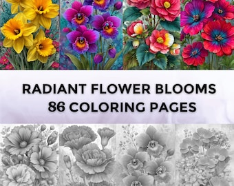 86 Radiant Flower Blooms, Flowers Coloring Book, Coloring Bundle, Botanical Flowers Coloring, Grayscale Coloring Pages for Adults and Kids