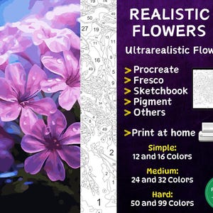 Color by Number, Digital Coloring Pages, Paint by Numbers, Procreate Coloring Book, Adults Coloring , Ultrarealistic Flower 7