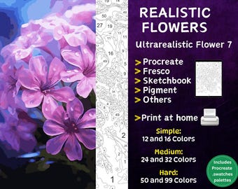 Color by Number, Digital Coloring Pages, Paint by Numbers, Procreate Coloring Book, Adults Coloring , Ultrarealistic Flower 7