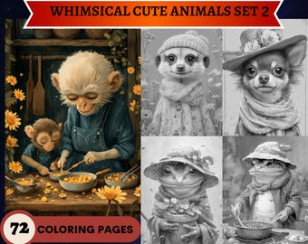 Może przedstawiać: Czarno-białe ilustracje fantazyjnych zwierząt, w tym małp, surykatki, chihuahua i żaby. Obraz zawiera tekst "WHIMSICAL CUTE ANIMALS SET 2" i "72 COLORING PAGES". Zwierzęta są przedstawione w różnych scenach.