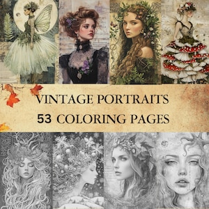 53 Vintage Portraits Grayscale Coloring Pages | Victorian Women Fairies Nymphs | Adult Coloring Pages | Printable PDF | Instant Download