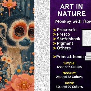 May include: Paint by numbers kit featuring a monkey with flowers. The image shows a close-up of a monkey's face with pink flowers in the background. The kit includes 12, 16, 24, 32, 50, or 99 colors.  The kit can be used with Procreate, Fresco, Sketchbook, Pigment, or other apps.  It can also be printed at home.