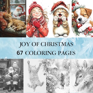 67 pages à colorier en niveaux de gris de Noël et d'hiver pour adultes | Téléchargement instantané | Cartes vintage Paysages Animaux mignons Père Noël Neige PDF imprimable