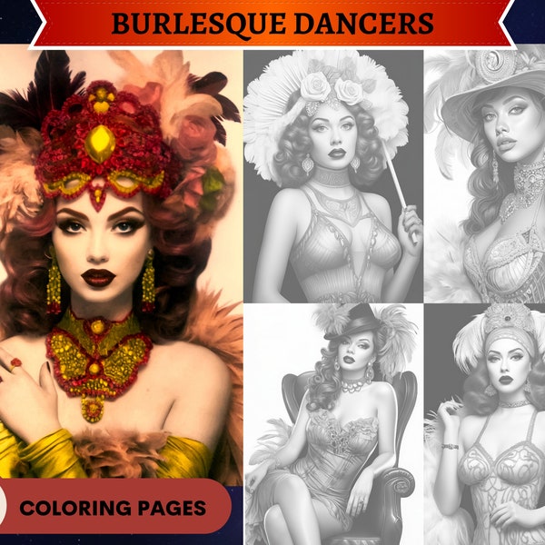 53 Burlesque Dancers Coloring Pages | Coloring Book | Printable Adult Coloring Pages | Download Grayscale Illustration | Printable PDF file