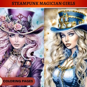 Steampunk Magician Girls coloring book | 52 Pages | Printable Adult Coloring Pages | Download Grayscale Illustration | Printable PDF file