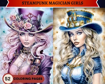 Steampunk Magician Girls coloring book | 52 Pages | Printable Adult Coloring Pages | Download Grayscale Illustration | Printable PDF file