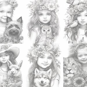 56 Beautiful Girls With Animals Set 9 Coloring Pages | Printable Adult ...