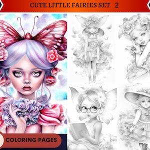 30 Cute Little Fairies Set 2 Coloring Pages, Fairy Coloring Page, Grayscale Coloring Page, Fantasy Coloring, Printable PDF, Coloring Sheet