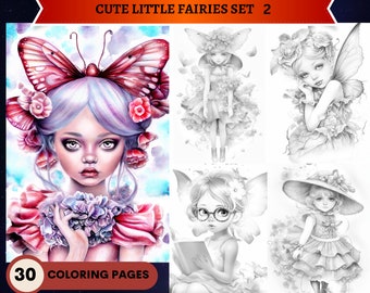 30 Cute Little Fairies Set 2 Coloring Pages, Fairy Coloring Page, Grayscale Coloring Page, Fantasy Coloring, Printable PDF, Coloring Sheet