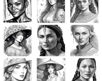 35 Grayscale Beautiful Women Coloring Book | Printable Adult Coloring Pages | Download Grayscale Illustration | Printable PDF file