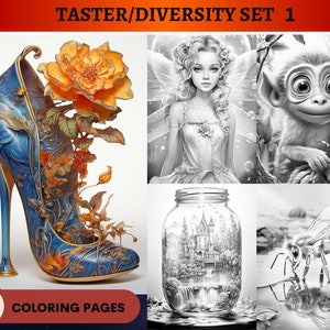 53 Taster / Diversity Set 1 Grayscale Coloring Pages |Animals People Portraits | Adult Coloring Pages | Printable PDF | Instant Download