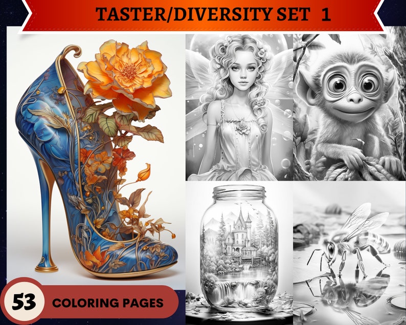 May include: A set of four coloring pages featuring a high-heeled shoe with flowers, a fairy with wings, a monkey, and a bee. The text "TASTER/DIVERSITY SET 1" and "53 COLORING PAGES" is included in the image.