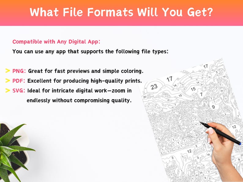 Peut inclure: Image avec le texte "Quels formats de fichiers obtiendrez-vous ?" et une liste de types de fichiers : PNG, PDF et SVG. Une main tient un stylo au-dessus d'une toile de peinture par num&eacute;ros.