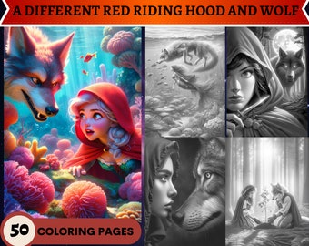 50 páginas diferentes para colorear de Caperucita Roja y lobo / Páginas para colorear para adultos imprimibles / Descargar ilustración en escala de grises