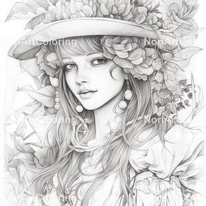 May include: A black and white pencil drawing of a woman with long hair wearing a large hat adorned with flowers. The woman has a delicate facial features and is looking directly at the viewer.