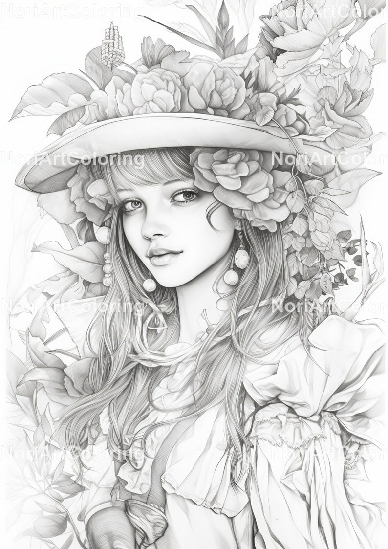 May include: A black and white pencil drawing of a woman with long hair wearing a large hat adorned with flowers. The woman has a delicate facial features and is looking directly at the viewer.