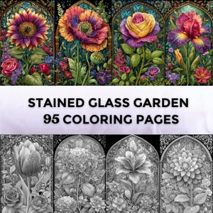 95 Glasmalerei-Garten, Blumen-Malbuch, Malpaket, Botanische Blumen, Graustufen-Malseiten für Erwachsene und Kinder