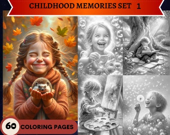60 recuerdos de la infancia Set 1 Páginas para colorear en escala de grises / Páginas para colorear para adultos imprimibles / Descargar escala de grises