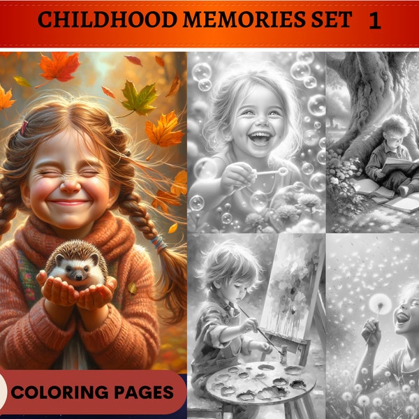 60 Childhood Memories Set 1 Grayscale Coloring Pages | Printable Adult Coloring Pages | Download Grayscale