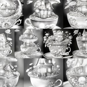 20 Miniature Fairy Homes Vol 1 (Teacups) Coloring Book Set 2 | Printable Adult Coloring Pages | Download Grayscale | Printable PDF file