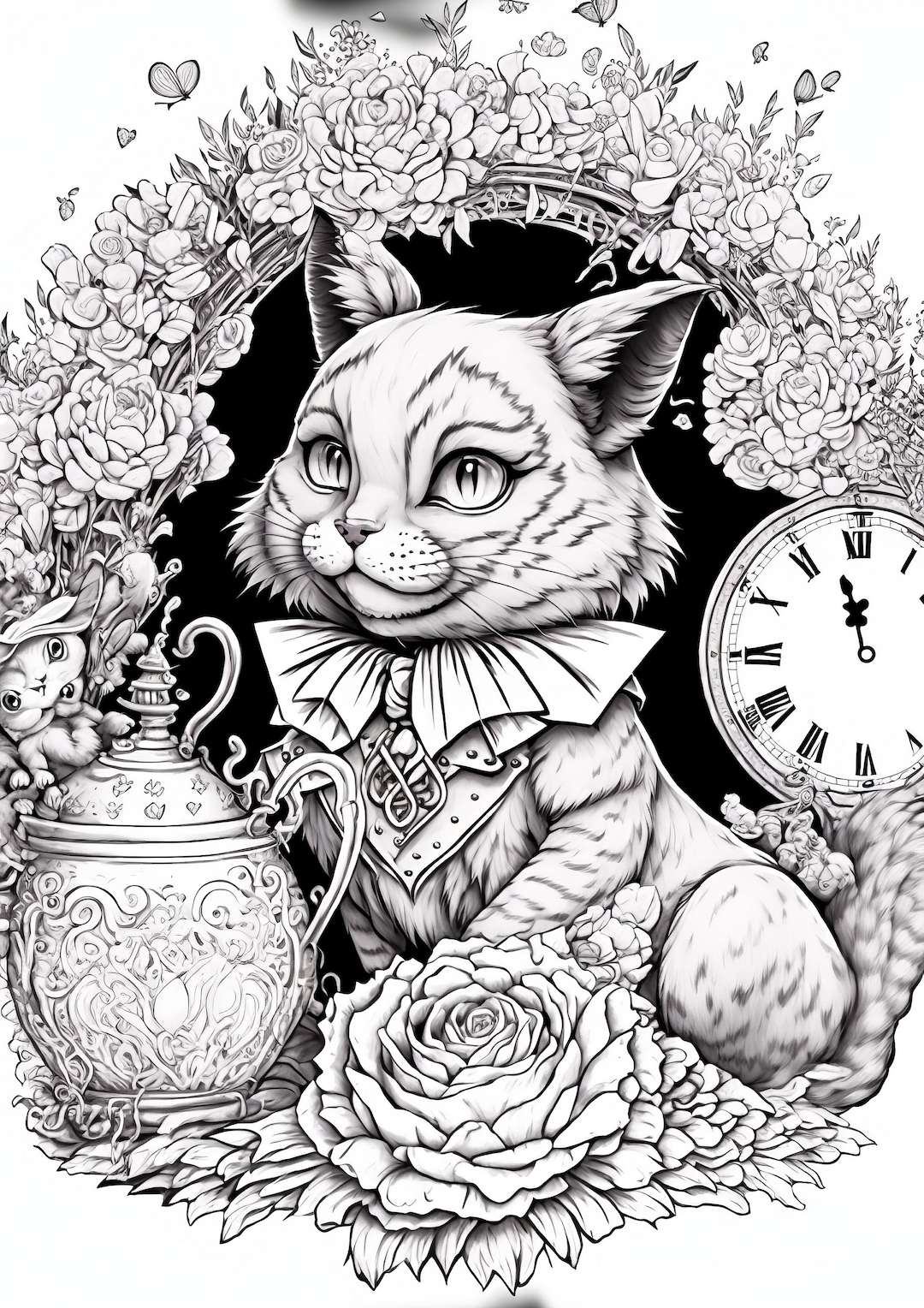 Cheshire Cat Coloring Page Alice in Wonderland Printable Adult