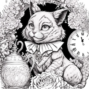 Grinsekatze Ausmalbild | Alice im Wunderland | Ausmalbilder zum Ausdrucken | Graustufen-Illustration herunterladen | Sofort Download