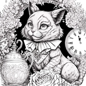 Cheshire cat coloring page | Alice in Wonderland | Printable Adult Coloring Pages | Download Grayscale Illustration | Instant Download