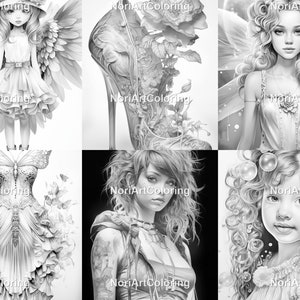 May include: A set of six black and white coloring pages featuring various subjects, including a fairy, a shoe, a dress, a girl with bubbles, a girl with wings, and a girl with tattoos.