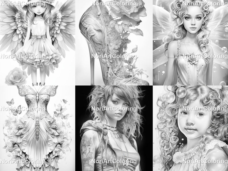 May include: A set of six black and white coloring pages featuring various subjects, including a fairy, a shoe, a dress, a girl with bubbles, a girl with wings, and a girl with tattoos.